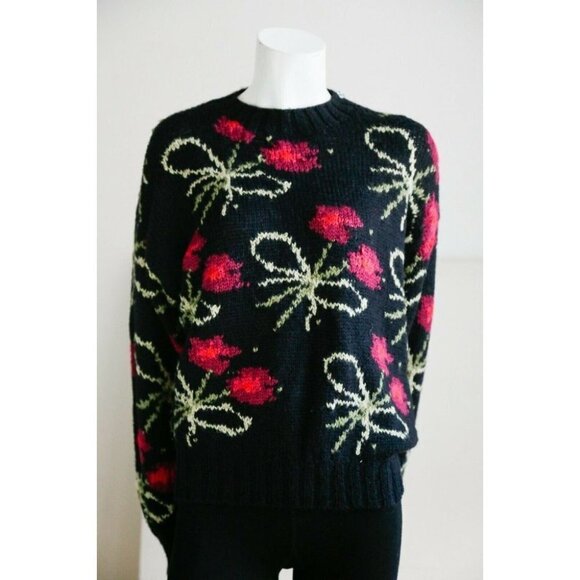 Vintage Y2K  Floral Novelty Print Black Pink Cute Statement Pullover S/M - Picture 3 of 9